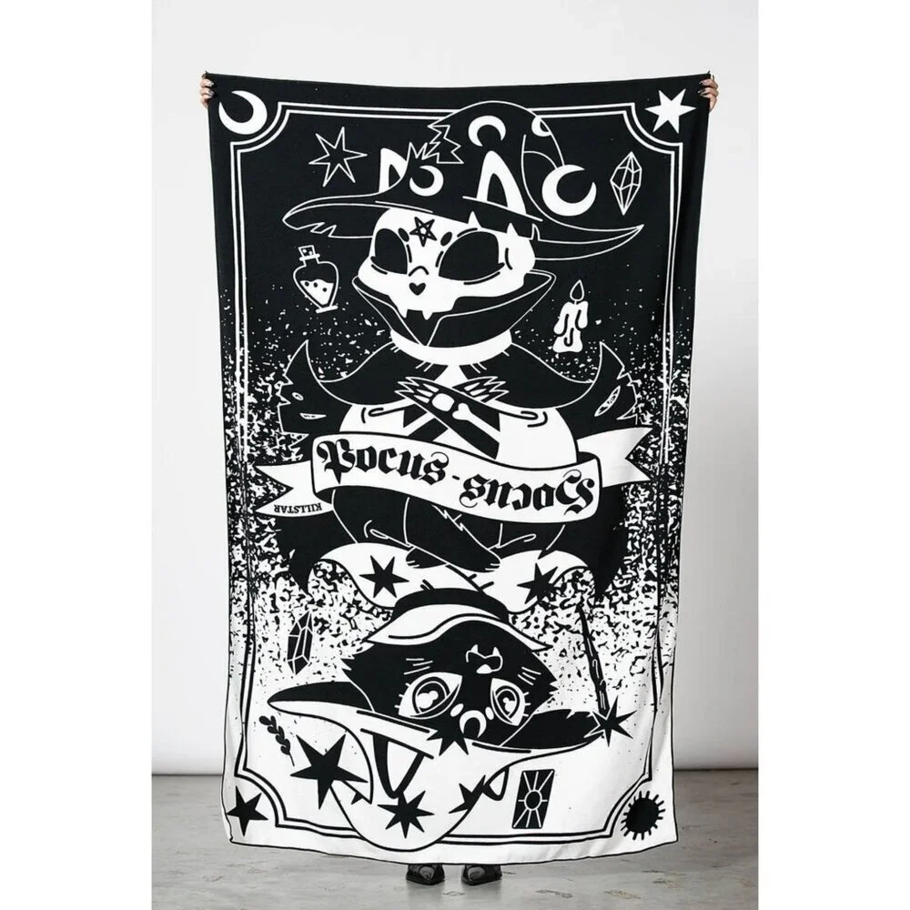 Killstar ✦ Meow-Gical XL Beach Towel ✦ Black White Microfiber Cat Moon Phases